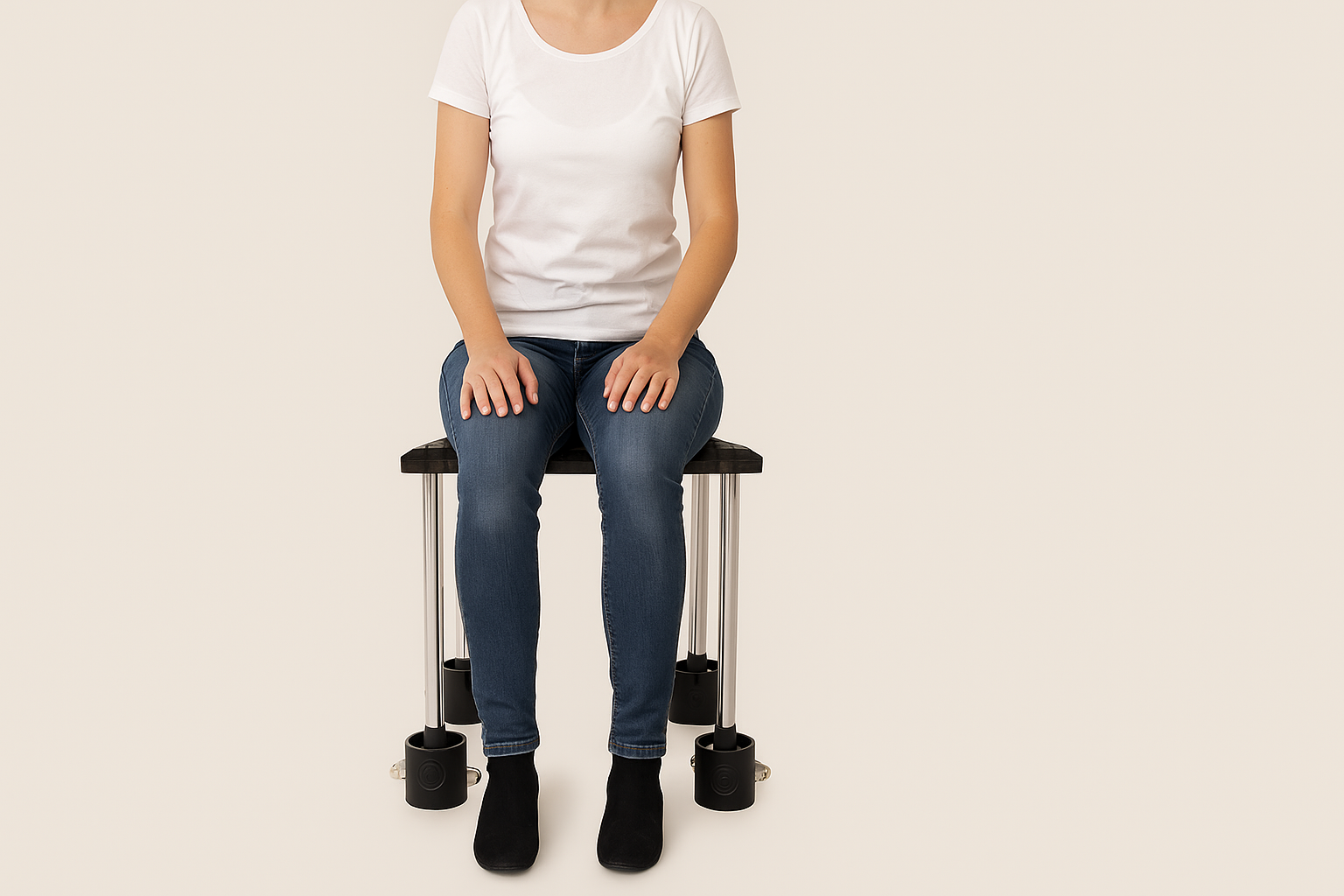 A person seated on a chair fitted with four BAID devices at the base of each leg
